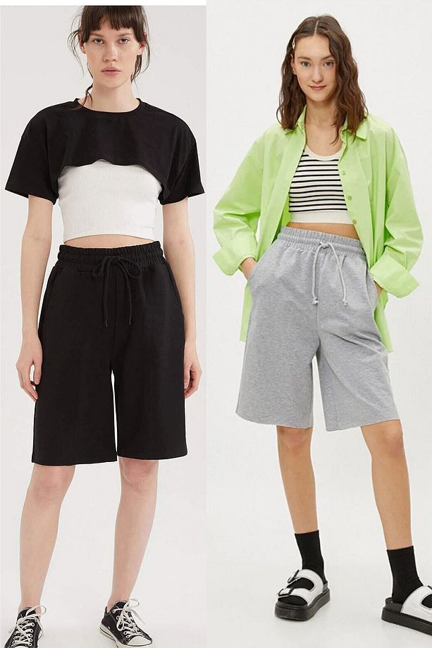 2' li Comfort Label Bağcıklı Oversize Uzun Kadın Bermuda Şort - 1