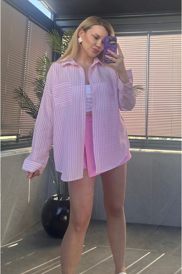Pembe Tek Cepli Çizgili Oversize Modal Keten Gömlek - 6