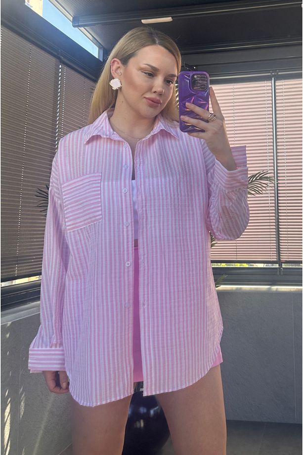 Pembe Tek Cepli Çizgili Oversize Modal Keten Gömlek - 7