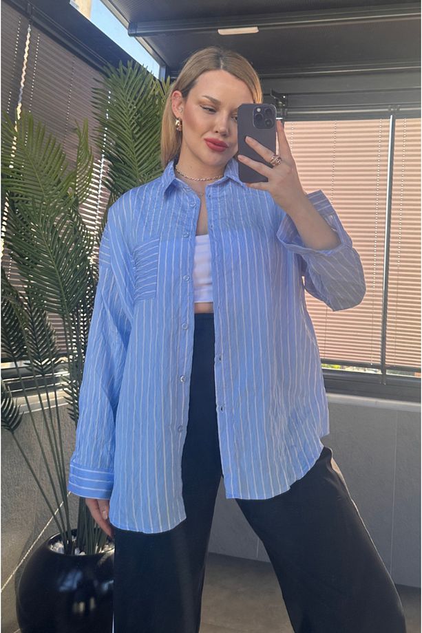 Bebe Mavisi Tek Cepli Çizgili Oversize Modal Gömlek - 8