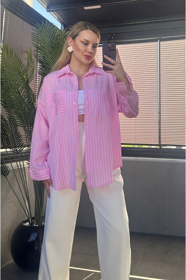 Pembe Tek Cepli Çizgili Oversize Modal Gömlek - 2