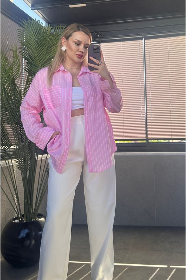 Pembe Tek Cepli Çizgili Oversize Modal Gömlek - 3