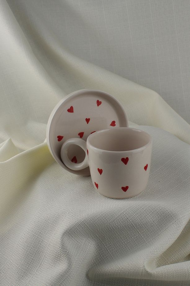 El Yapımı ,seramik,tekli Krem Kahve Çay Fincanı ,kalp Desenli ,iki Parça ,tek Kişilik - 6