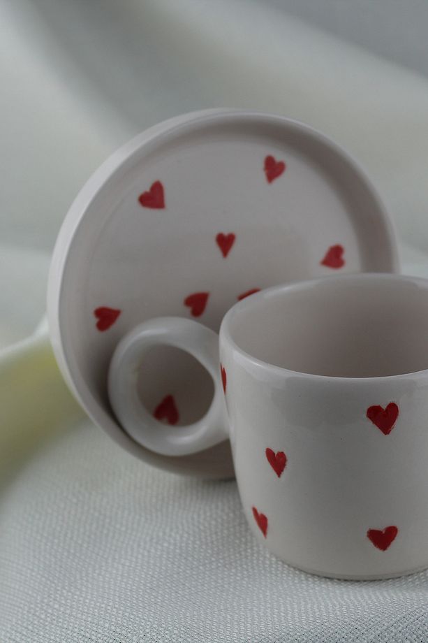 El Yapımı ,seramik,tekli Krem Kahve Çay Fincanı ,kalp Desenli ,iki Parça ,tek Kişilik - 5