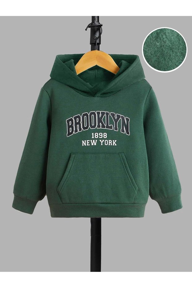 Brooklyn 1898 Cotton Children's Sweatshirt - Nefti Green Printed Girl's Boy's Winter Pocket Hoodie