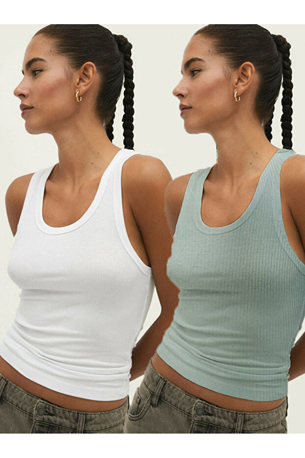 Kadın Atlet Fitilli Görünümlü Geniş Askılı Basic Atlet 2 li adet - 2