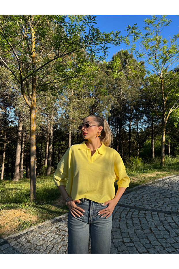 Polo Yaka Dokulu Bluz - 1