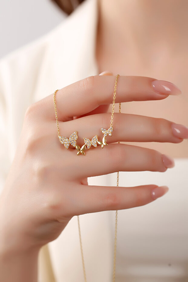 925 Ayar Gümüş 5 Li Uçan Kelebek Kolye 14 Ayar Altın Rengi - 1