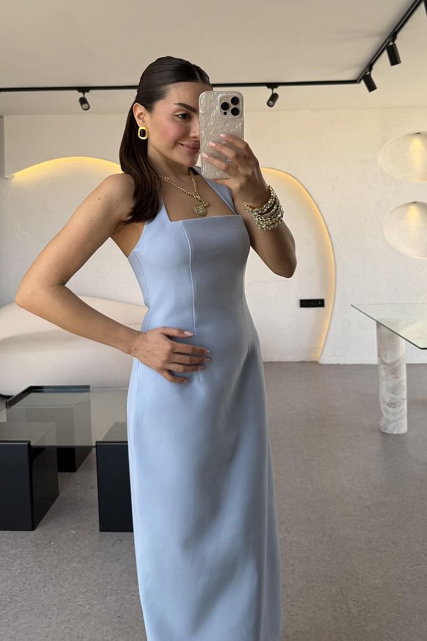 Kadın Halter Yaka Midi Dokuma Elbise - 4