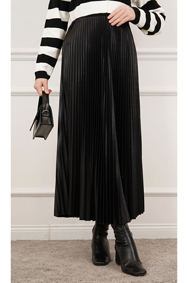 Deri Görünümlü Piliseli Etek - 1