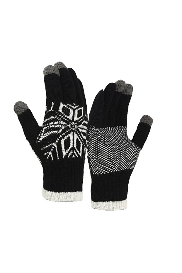 Men's Gloves, Flippy, Snowflake Pattern, Touchscreen Function, Knitted Acrylic Material, Black - 1