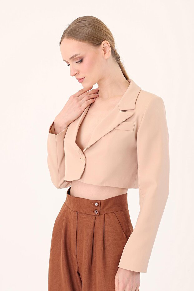Crop Blazer Ceket-Taş - 5