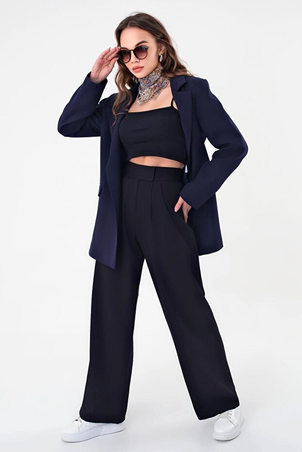 Navy Blue Double Button Blazer Jacket - 3