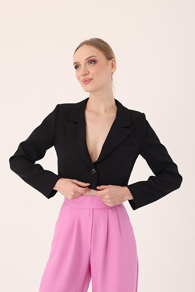 Crop Blazer Ceket- Siyah - 2