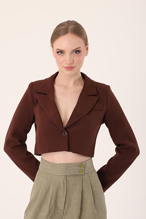 Crop Blazer Jacket-Brown - 5