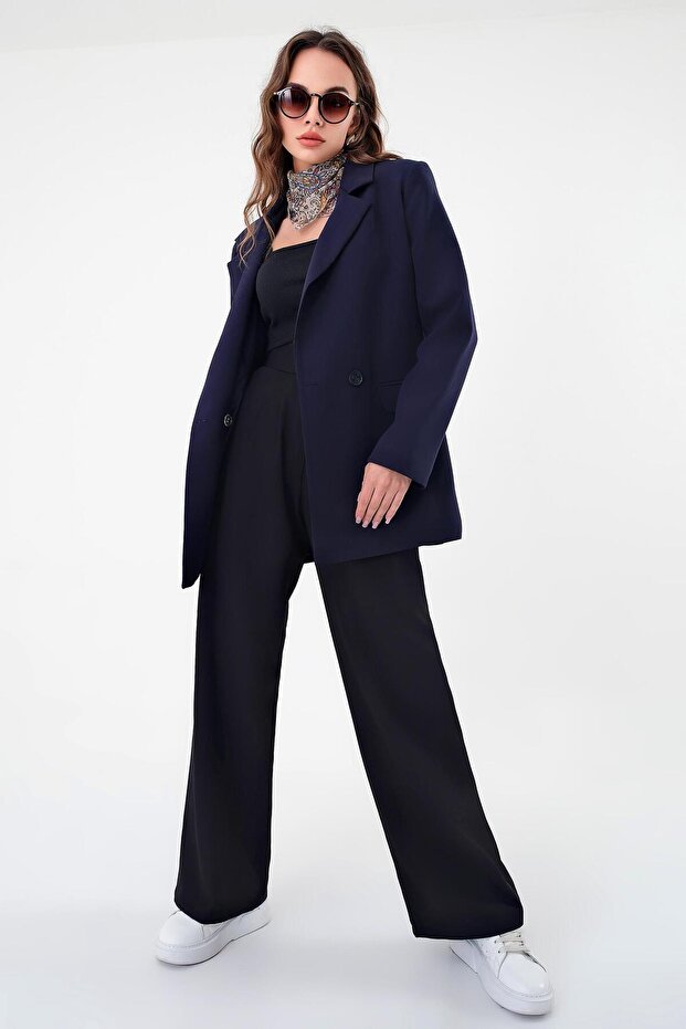 Navy Blue Double Button Blazer Jacket - 4