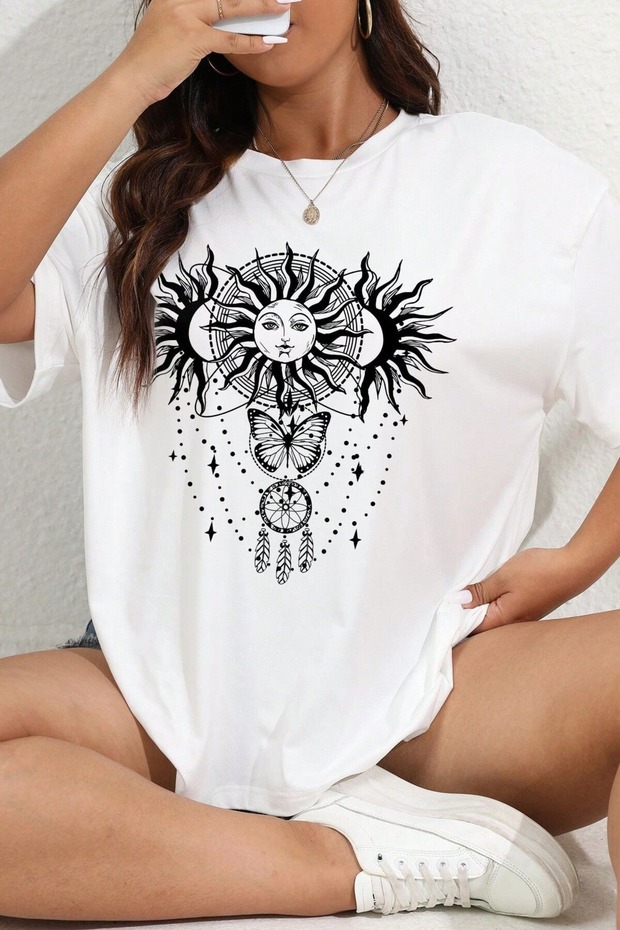 Women's White Sun Butterfly Printed Oversize T-Shirt