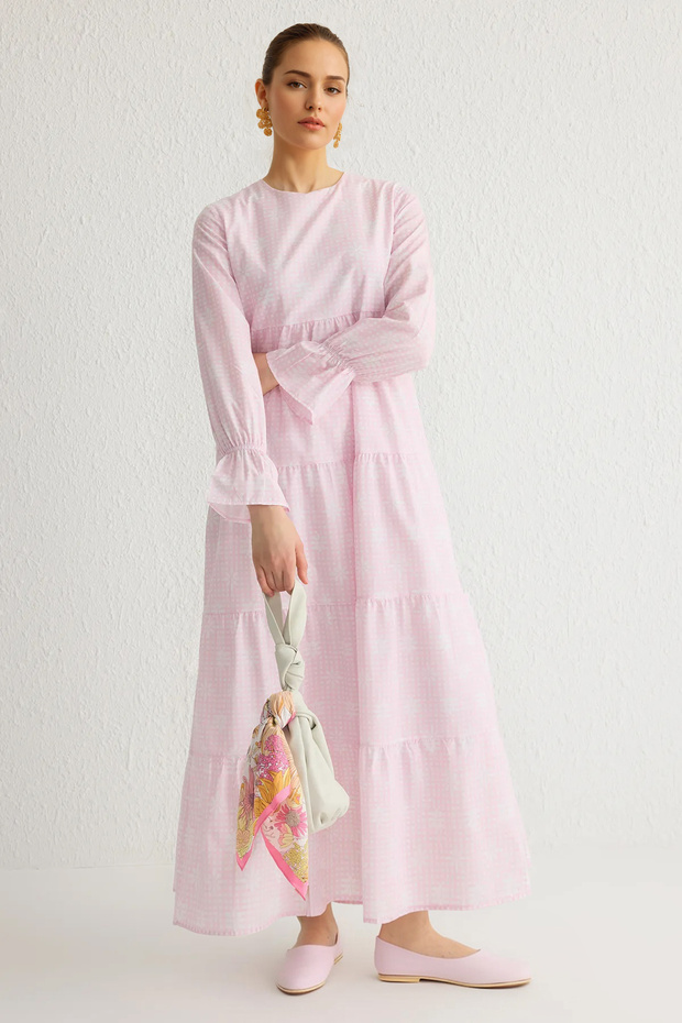 Açık Pembe Astarlı Çiçekli Dokuma Terrycotton Elbise TCTSS21EL3441 - 1