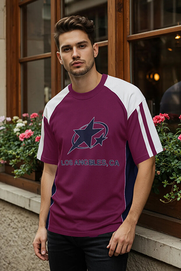 Bordo Kolej Oversize/Geniş Kesim %100 Pamuk Renk Bloklu T-Shirt TMNSS25TS00095 - 2