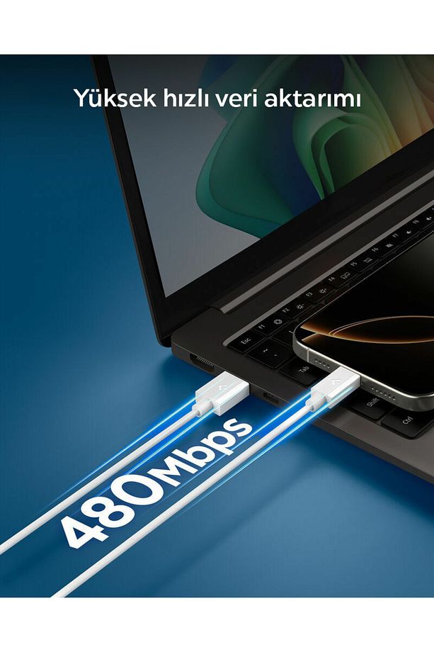 USB-A to USB-C 2 Metre Kablo 60W Güç/Hızlı Şarj/480 Mbps Data Aktarım Type-C White - ACA08716 - 5