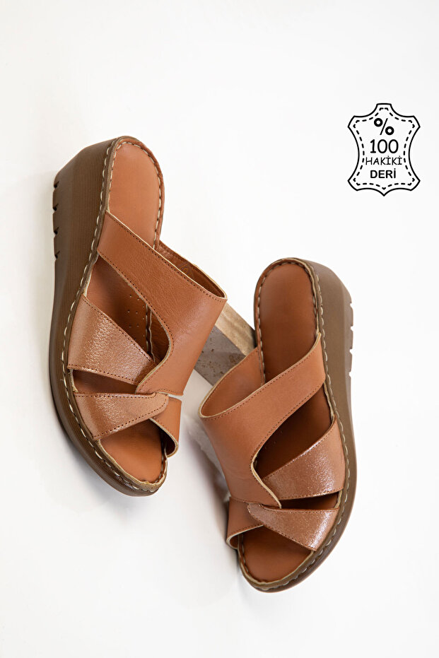 Tan Genuine Leather Women's Slippers 20623