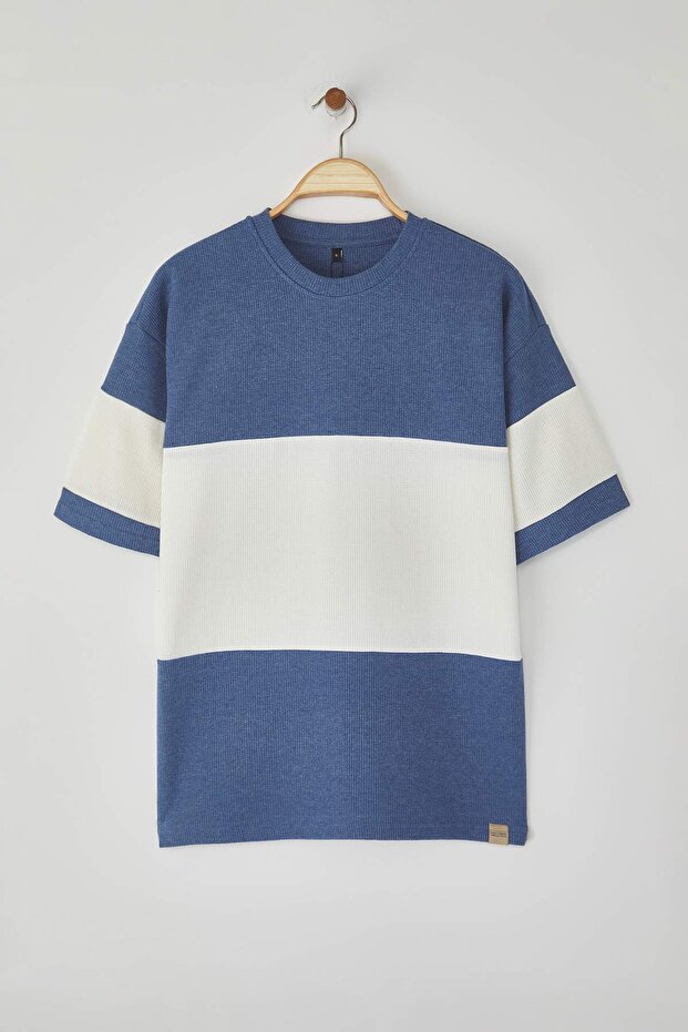 Indigo Oversize/Geniş Kesim Renk Bloklu Dokulu T-Shirt TMNSS25TS00065 - 5