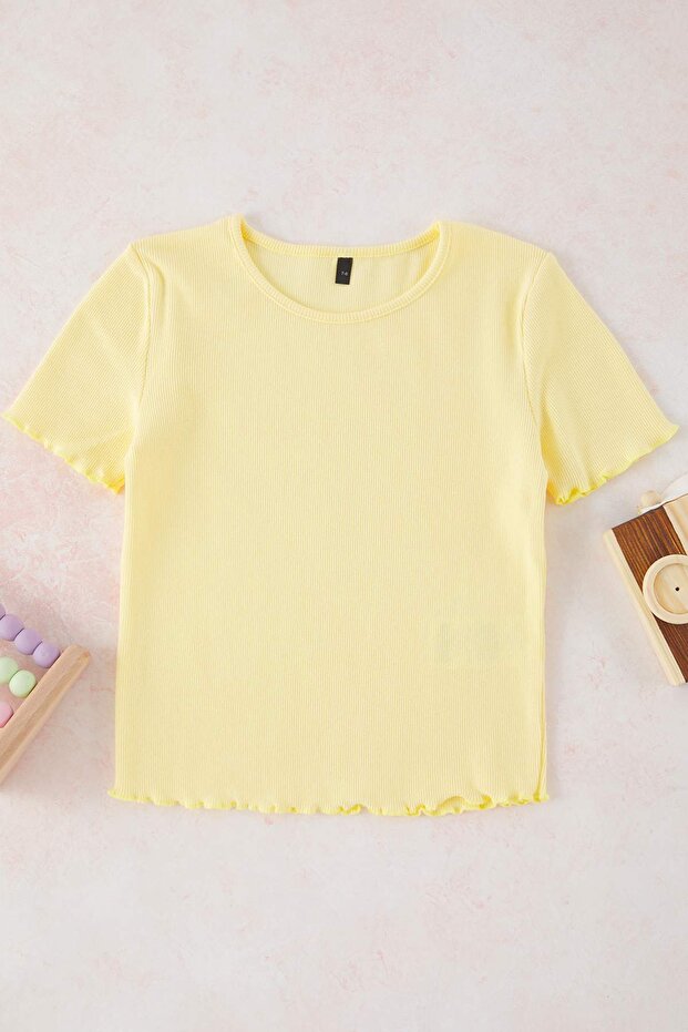 Lila-Sarı Nakışlı / İşlemeli Kız Çocuk Örme T-Shirt TKDSS25TS00027 - 8