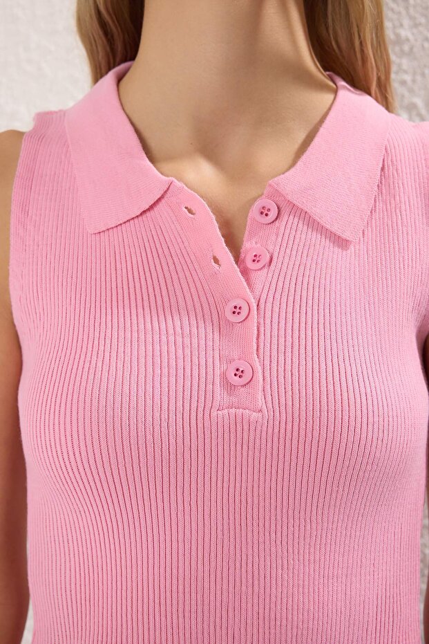 Pembe Polo Yaka Fitilli Triko İnce Bluz TWOSS25BZ00331 - 3