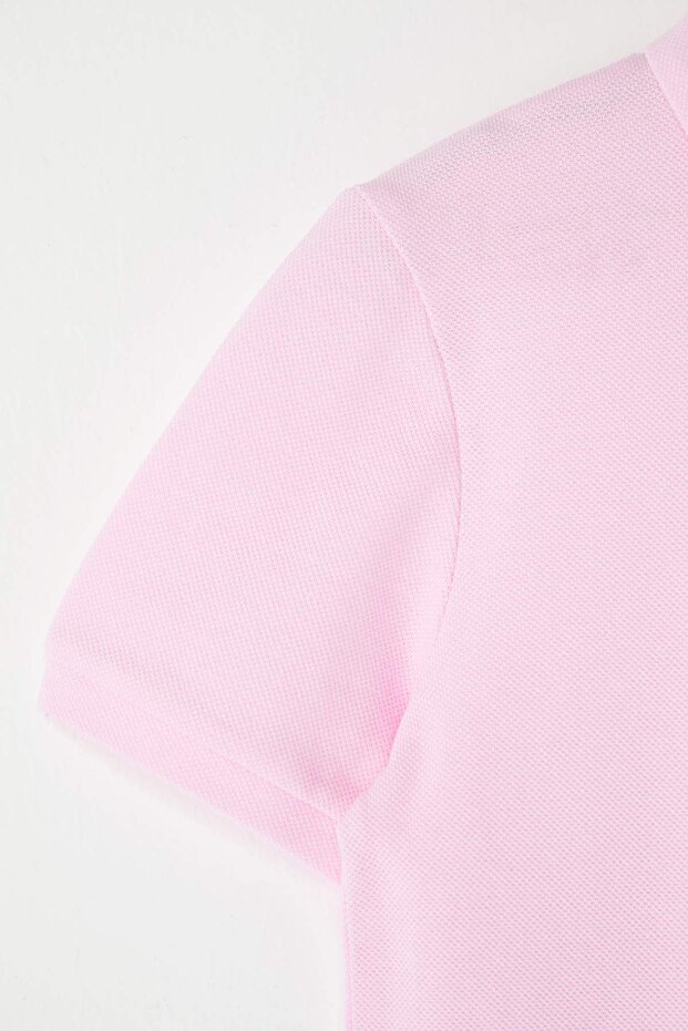Pembe Kız Çocuk %100 Pamuk Çiçek Nakışlı Polo Yaka kısa Örme Elbise TKDSS25EL00085 - 4