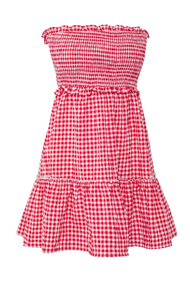 Kırmızı Ekose Dokuma Volanlı Plaj Mini Elbise TBESS25EL00143 - 6