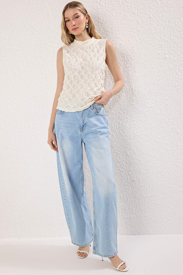 Ekru Dokulu Regular/Normal Kalıp Esnek Örme Bluz TWOSS25BZ00268 - 1