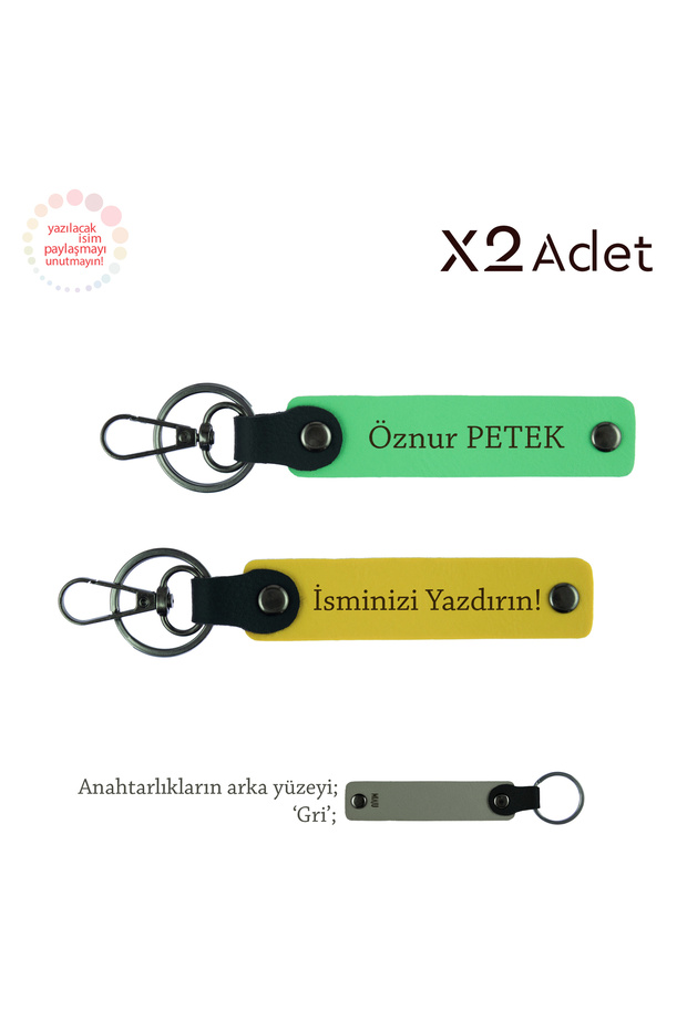 Set of 2 Keychains with Names Written, Yellow-Pistachio Green-Gray, Student's Pass Gift