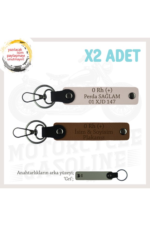 In Biker Style, Safe Driving Keychain with Name Plate and 0 Rh (+) Blood Type Lettering X2, Coffee-Powder-Gr