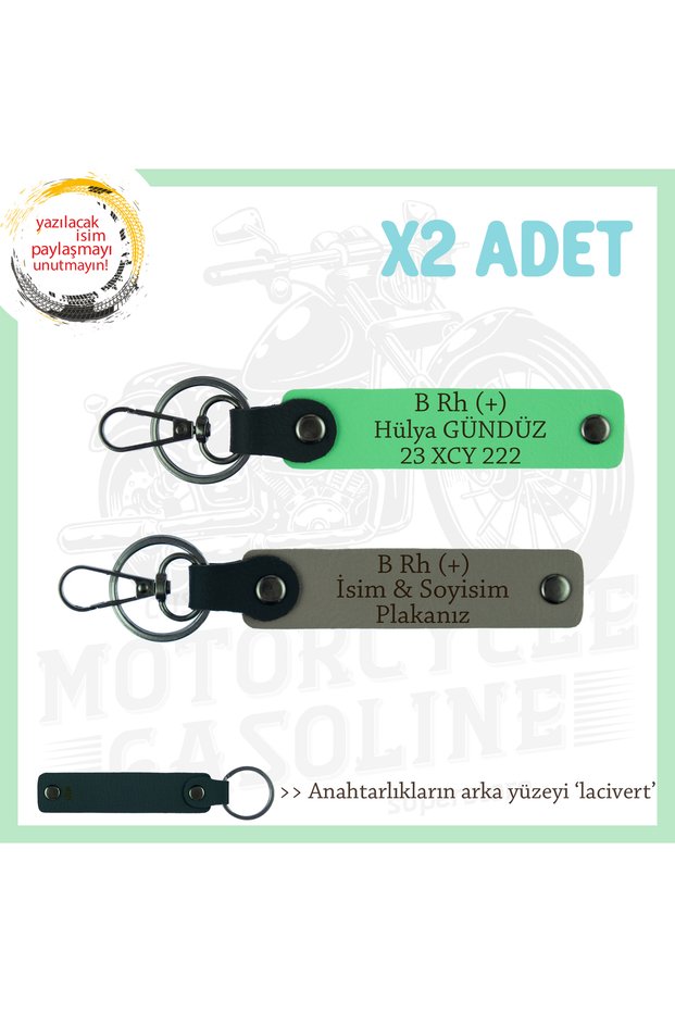 B + Blood Type Written X2 Keychain, Ash Gray-F Green-Navy, Biker Friendly Gift Name Plate
