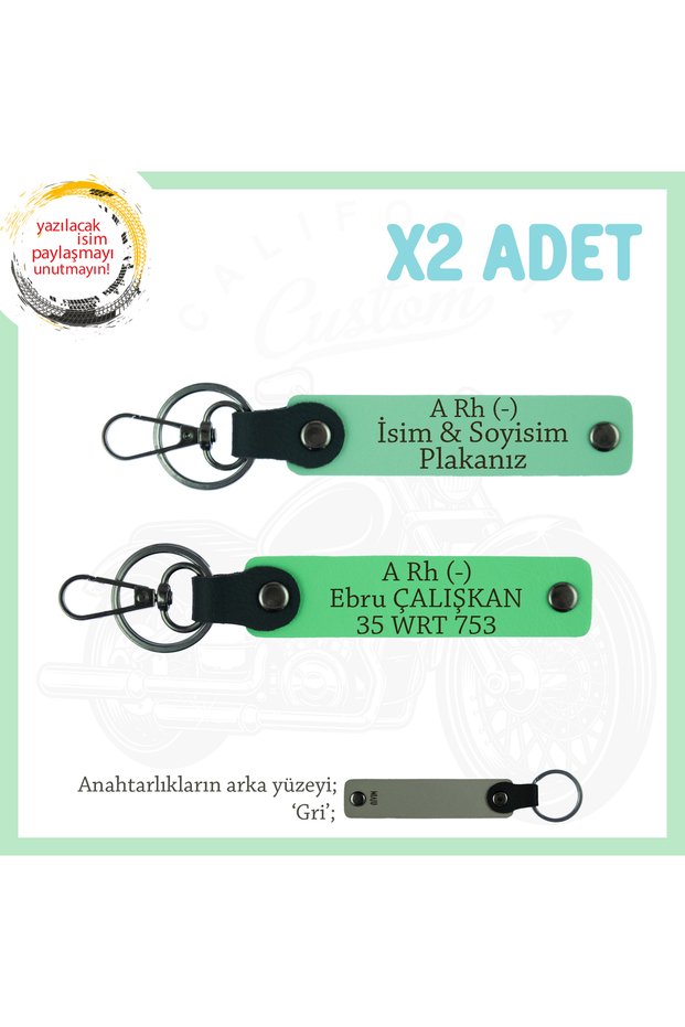Exclusive for Motorcycle Lovers, X2 Keychain with Name Plate and a Rh (-) Blood Type Lettering, Green-F Green-Gr