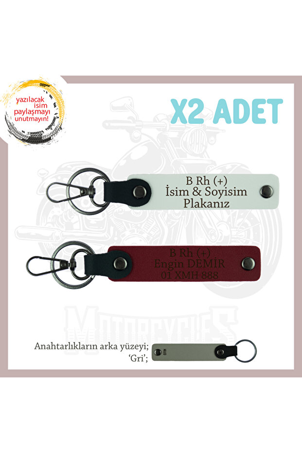 Bikers Name Plate and B Rh (+) Blood Group Lettering Leather X2 Keychain Gift Set, White-Burgundy-Gr