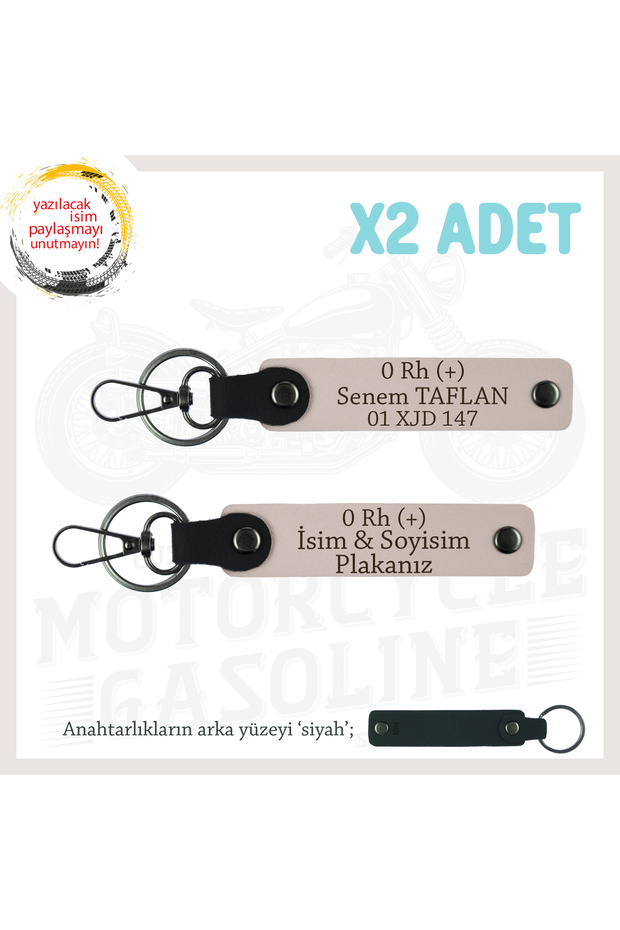 Motorcycle Adventurers Name Plate and 0 Rh (+) Blood Group Lettering Leather X2 Keychain Set, Powder-Syh