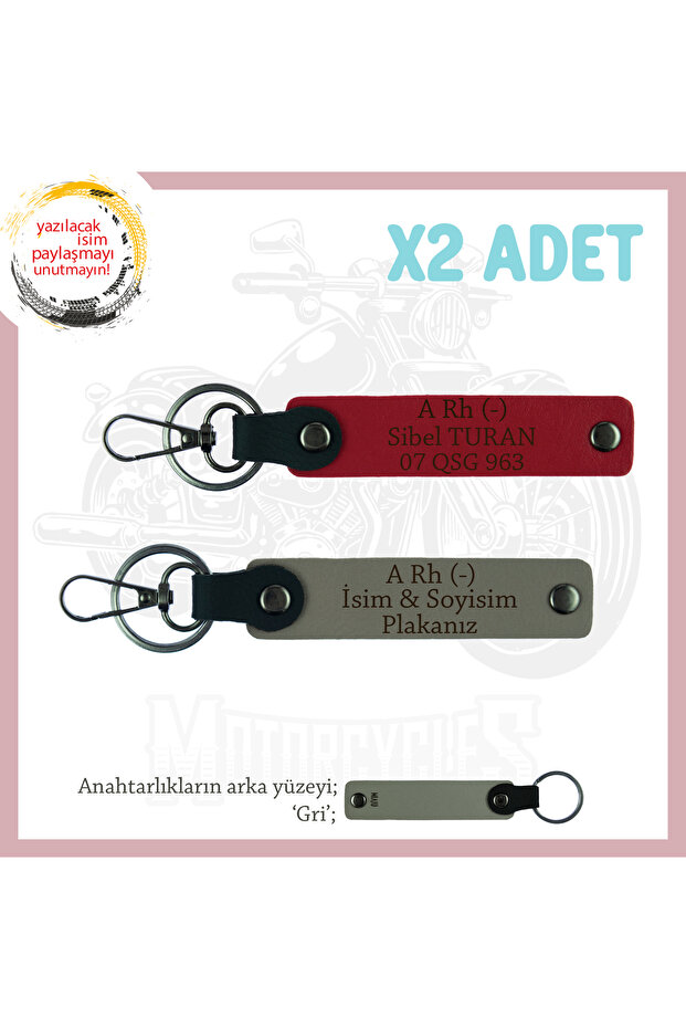 Gift X2 Keychain Set, Ash Grey-Red-Gr, Special for Bikers, Name Plate and a Rh (-) Blood Group