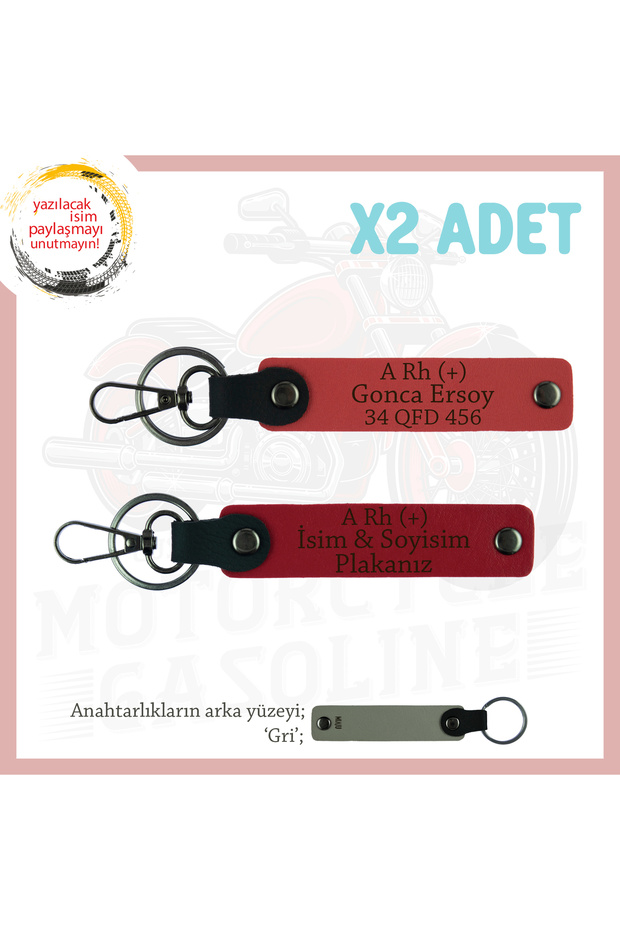Exclusive for Motorcycler, Leather 2-Piece Keychain with Name Plate and a Rh (+) Blood Group Lettering, Pomegranate Flower-Red-Gr