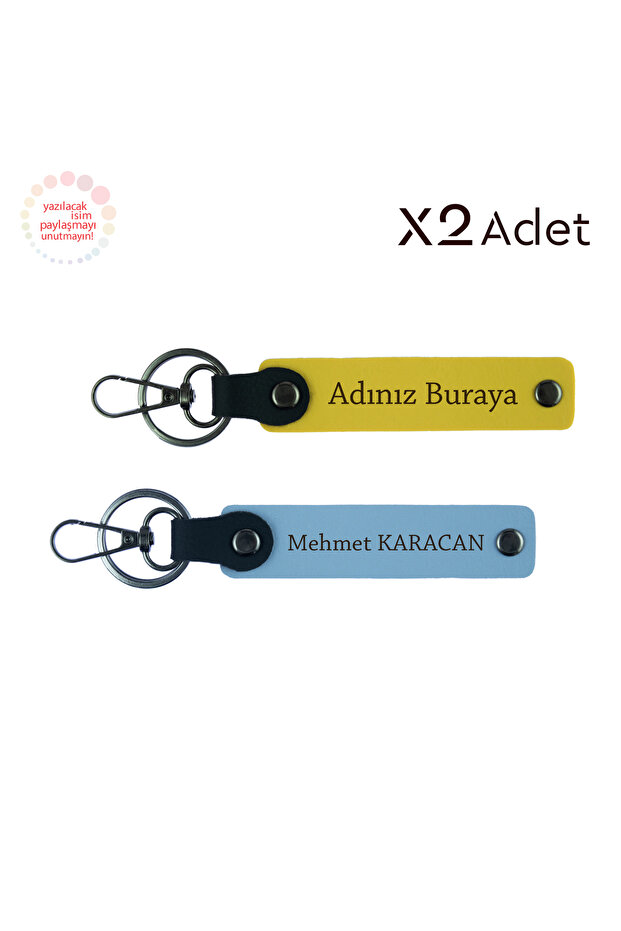 Set of 2 Keychains with First Name and Surname, Yellow-Sky Blue, Souvenir of First Meeting for Lovers