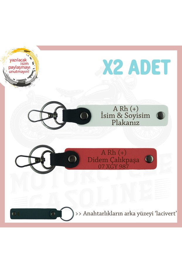 Name Plate and a Rh (+) Blood Group Written X2 Keychain Set, Pomegranate Flower-White-Navy, Special for Speed Lovers