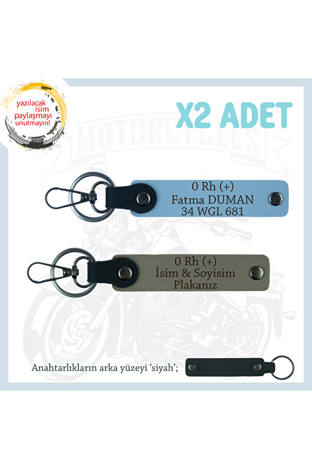 Set, Ash Grey-Blue-Syh, Name Plate 0 Rh (+) Blood Group Written X2 Keychain for Motorcycle Lovers