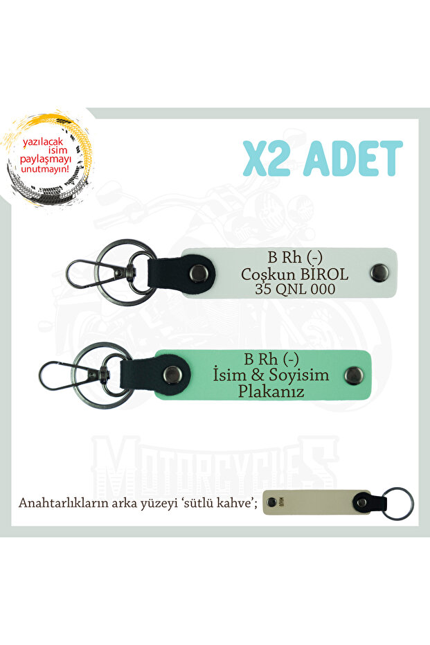 Speed Enthusiast's Custom Name Plate and B Rh (-) Blood Type Lettering Leather X2 Keychain Set, Green-White-Sk