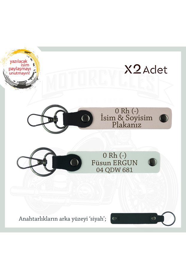 Name Plate and 0 Rh (-) Blood Group Written Leather X2 Keychain, Powder-White-Syh, Special for Motor Enthusiasts