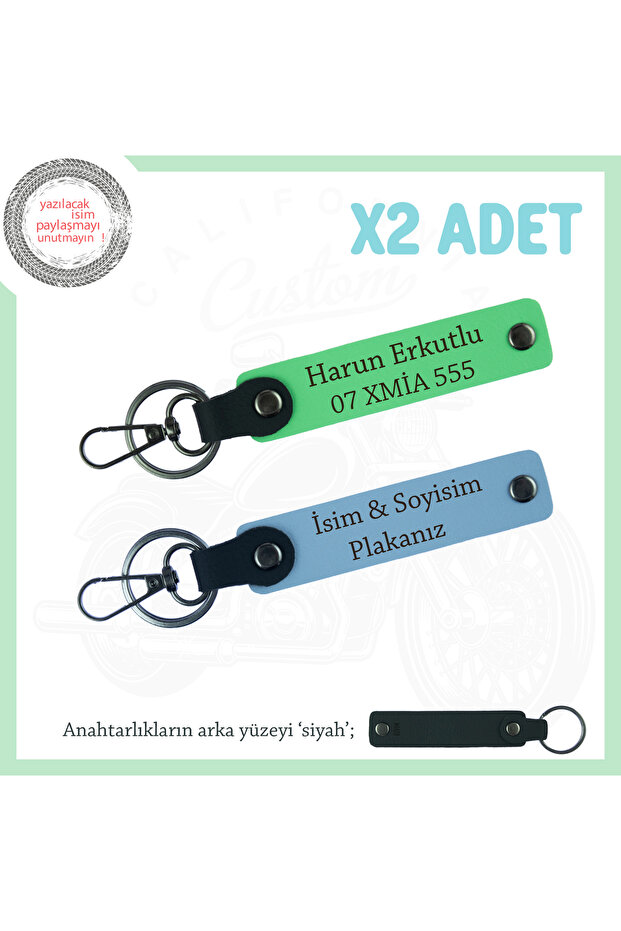 Gift Leather X2 Keychain Set with Name and Plate Written, Blue-F Green-Syh, Suitable for Motor Style