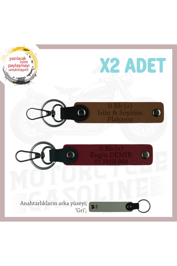 Motorcycle Enthusiast, Leather X2 Keychain with Name Plate and 0 Rh (+) Blood Type Lettering, Coffee-Maroon-Gr