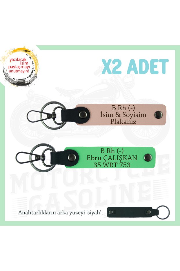 Name Plate and B Rh (-) Blood Group Written X2 Keychain, Yavruağzı-F Green-Syh, Special for Motor Lovers