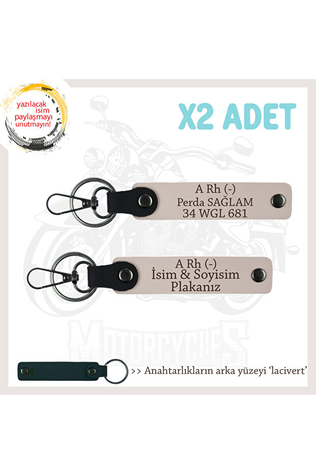 Name Plate and a Rh (-) Blood Group Written Leather X2 Keychain Set, Powder-Laci, Special for Adventurers