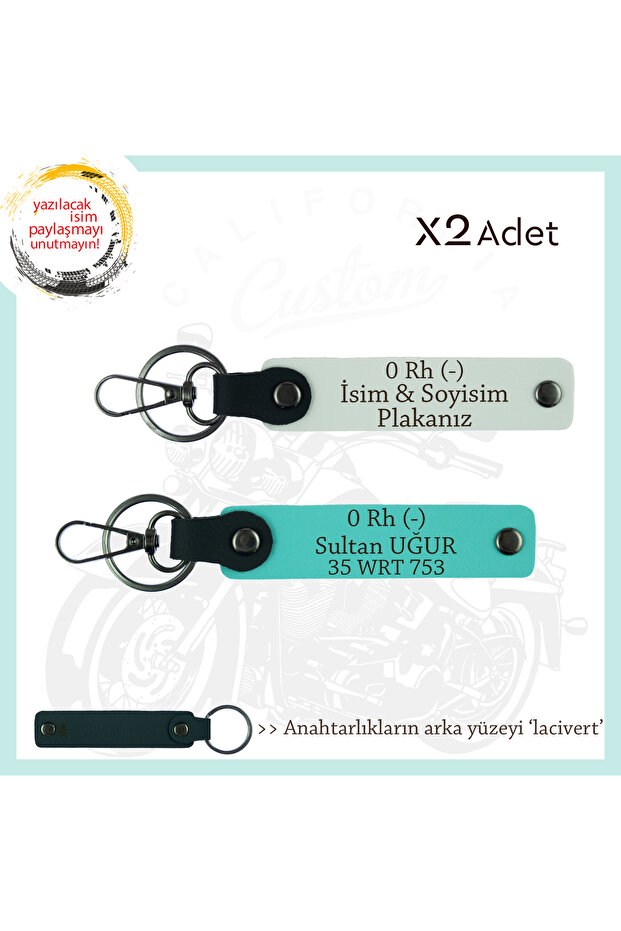 Gift, White-Turquoise-Navy, for Motor Lovers, Name Plate and 0 Rh (-) Blood Group X2 Keychain