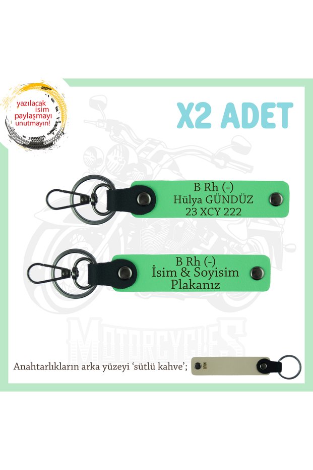 Motorcycle Enthusiast, Emergency X2 Keychain with Name Plate and B (-) Blood Type Lettering, F Green-Sk